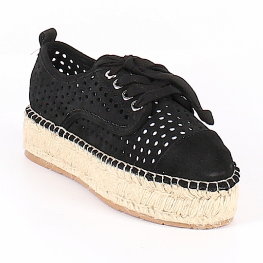 J/Slides Riley Platform Espadrille Sneakers Black Suede Mesh Detail Size 6